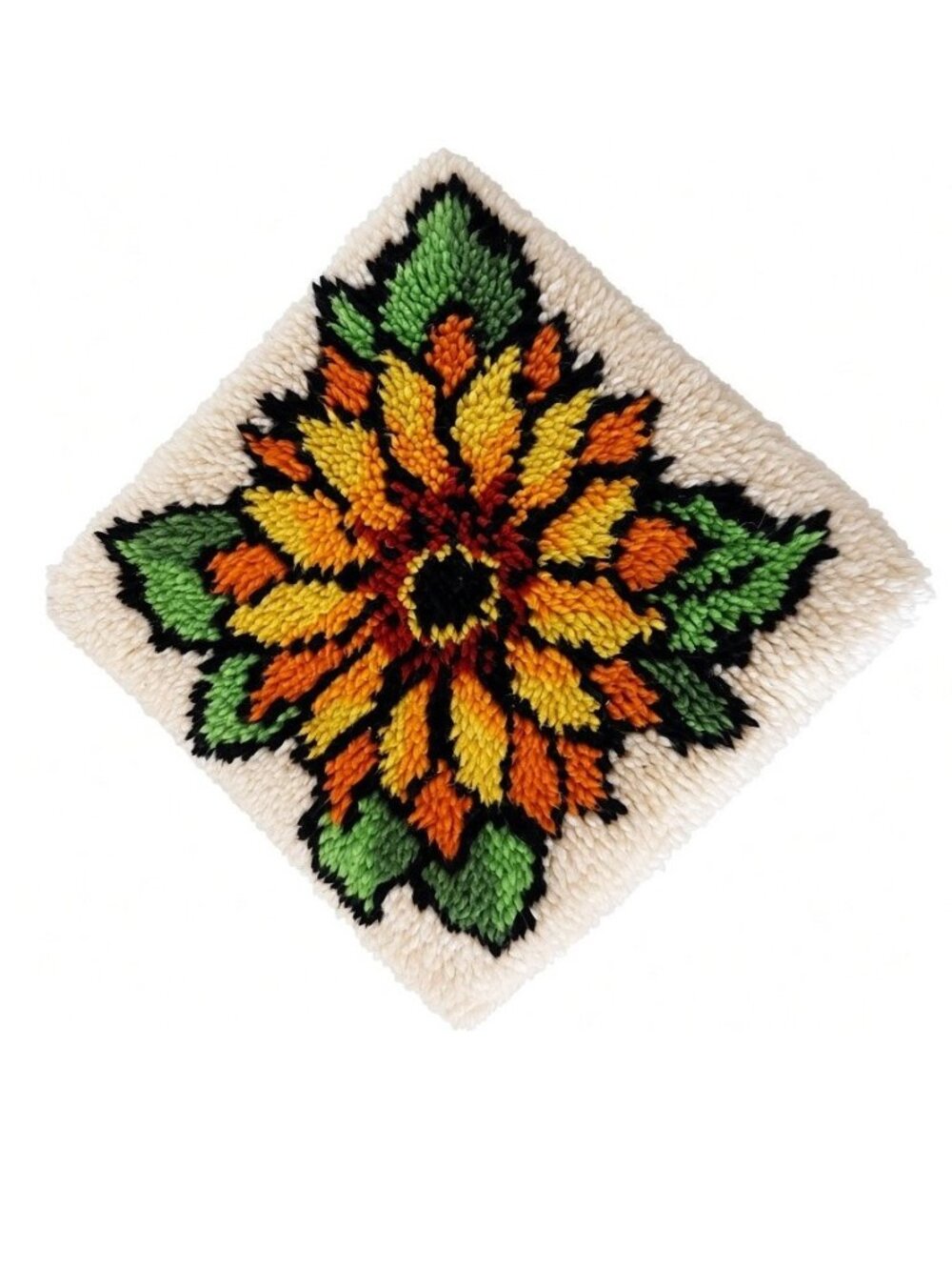 Vintage 1970s Wall Hanging 15" Sunflower Latch Hook Shag Hippie Boho Mod